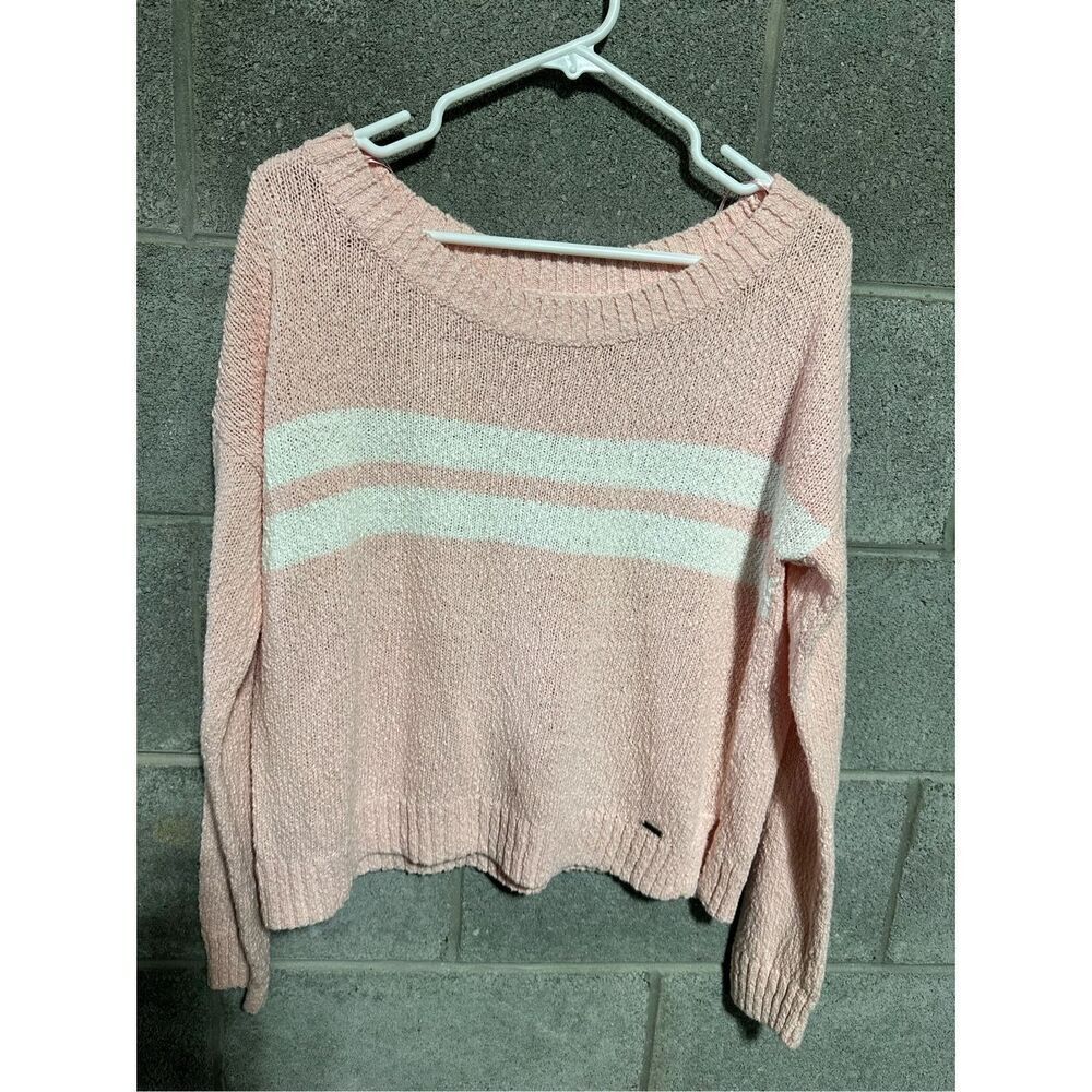 Hollister Pullover Sweater with White Stripes Women Jumper Pink Medium